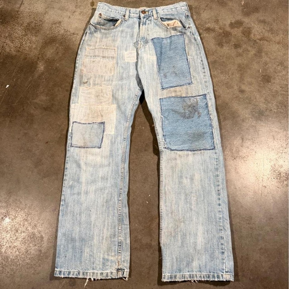 Wrangler Jeans Co Mens Relaxed Boot Patchwork Y2K Blue Denim Jeans 30x32